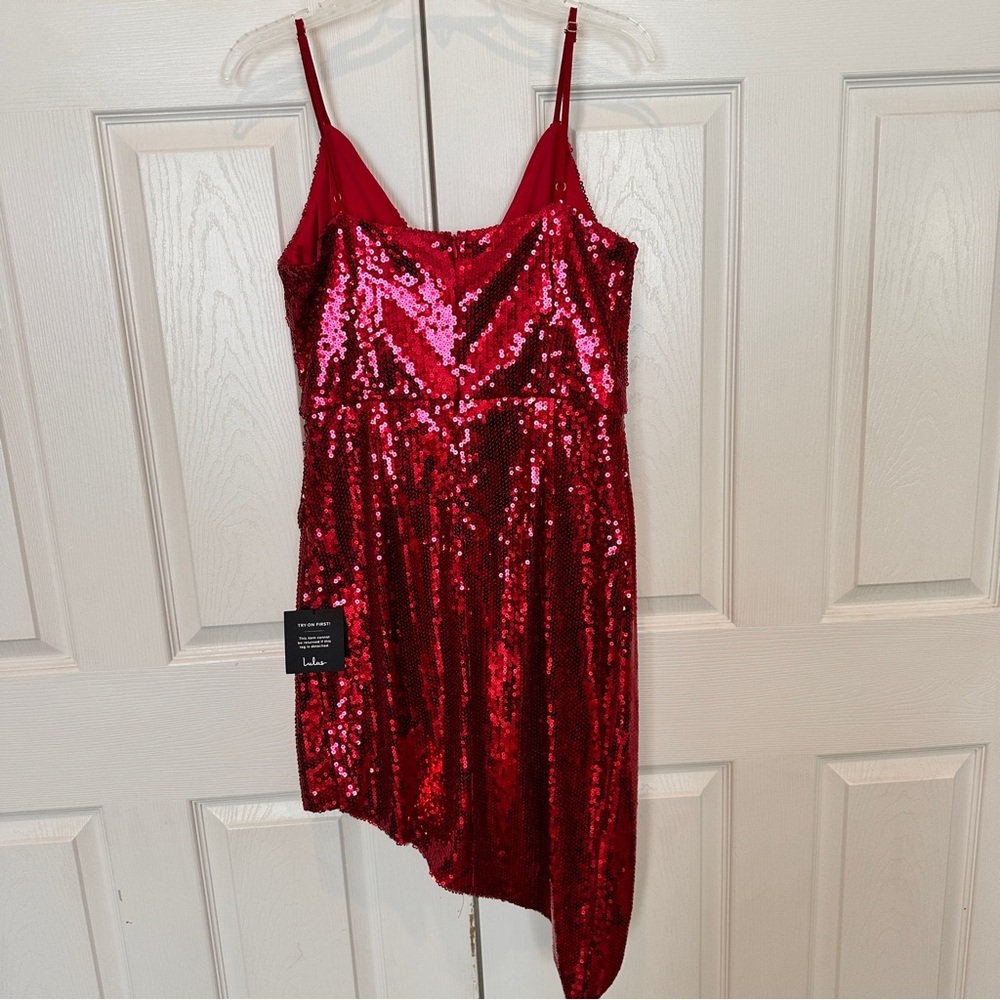 Lulus‎ Below the Stars Wine Red Sequin Asymmetrical Bodycon Dress Size Large NWT - Picture 9 of 9